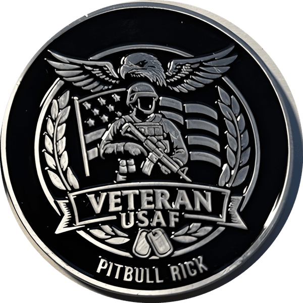 Pitbull 214 challenge coin, service side: an eagle over a soldier and American flag, with VETERAN USAF and PITBULL RICK